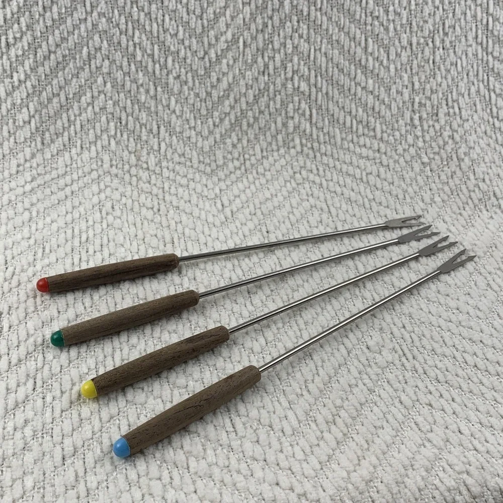 Vintage Oster Fondue Fork Set 4 Stainless Steel Teak Wood Handle Color Coded NOS